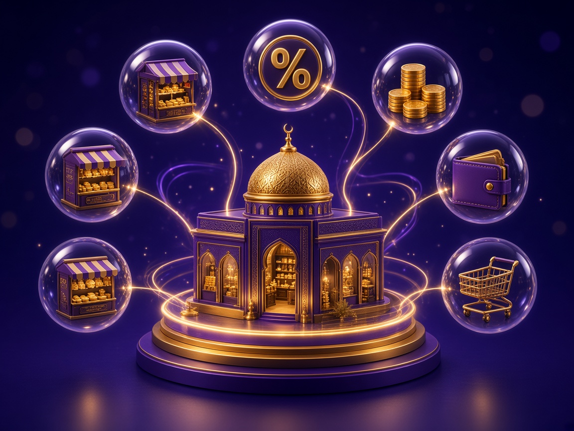رسم لسوق مع أكشاك بائعين وعمولات ومدفوعات